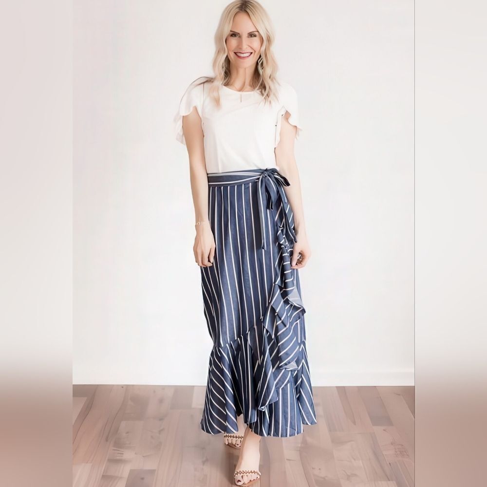 Listicle Ruffle And Stripe Wrap Midi Skirt Size L